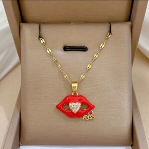 Red Heart Gold Necklace with Red Lip Pendant